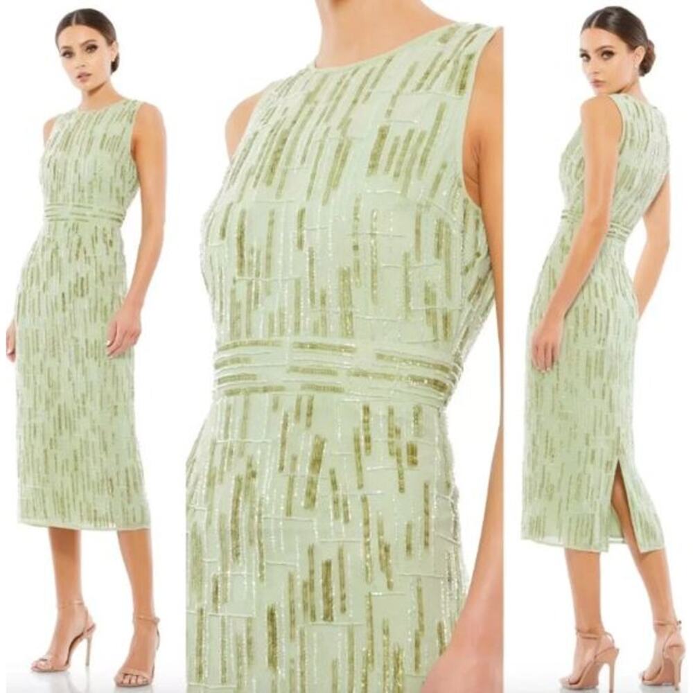 NWT Mac Duggal Beaded Sleeveless Midi Sheath Dress Sage Green Women's Plus 14